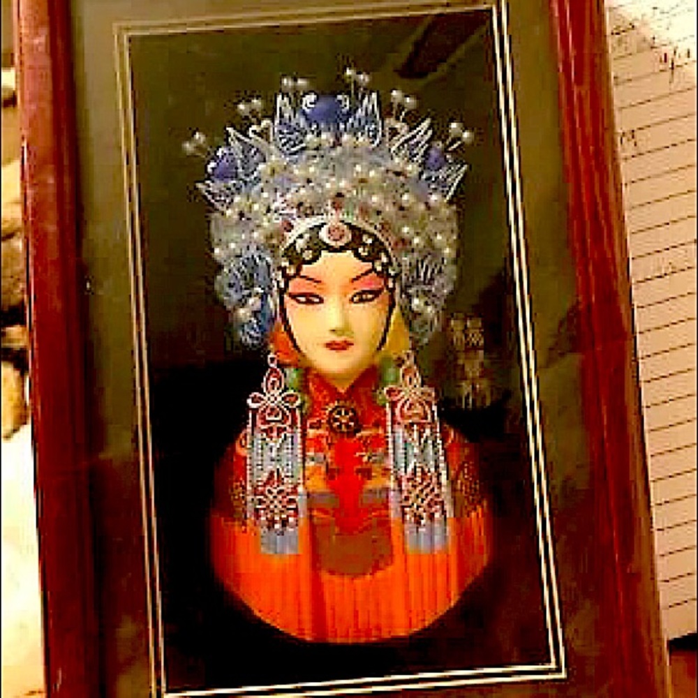 Japanese Royalty costume in framed shadow box.
